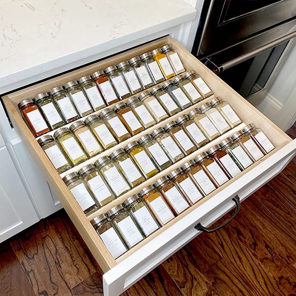 Clear Acrylic Spice Drawer Organizer, 4 Tier- 2 Set Expandable From 13" to 26" Seasoning Jars Drawers Insert, Kitchen Spice Rack Tray for Drawer/Countertop (Jars not included) | Amazon (US)