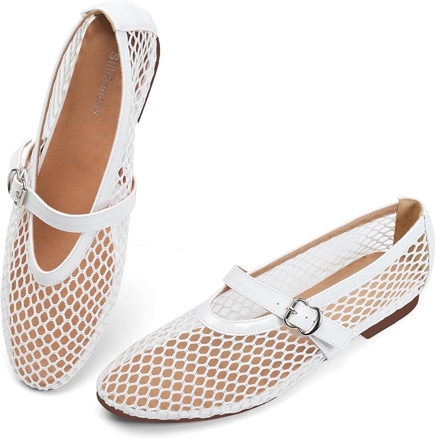Mesh Ballet Flats for Women Adjustable Strap Mary Jane Flats Casual Office Shoes | Amazon (US)
