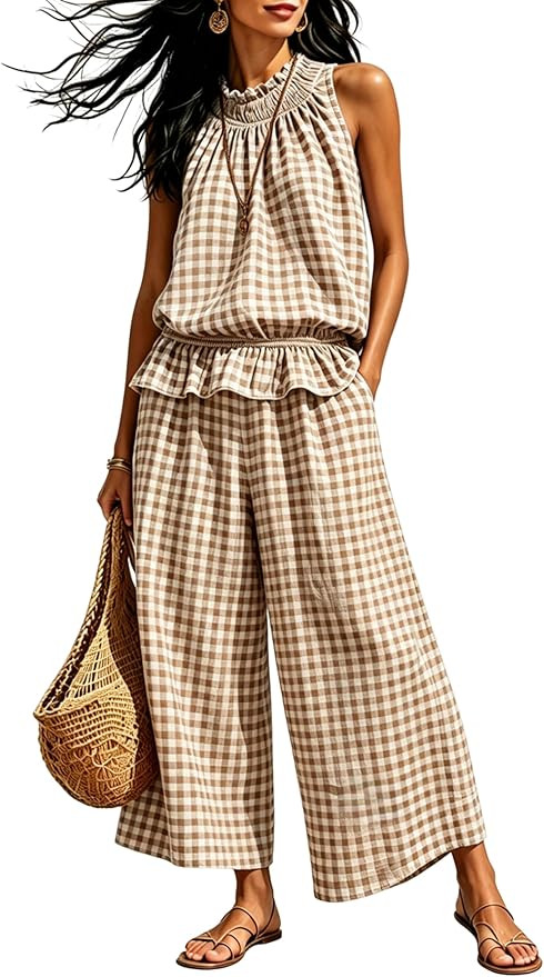 Tanming Women's 2 Piece Set Outfits Gingham Plaid Sleeveless Ruffle Top Wide Leg Pants Summer Cas... | Amazon (US)