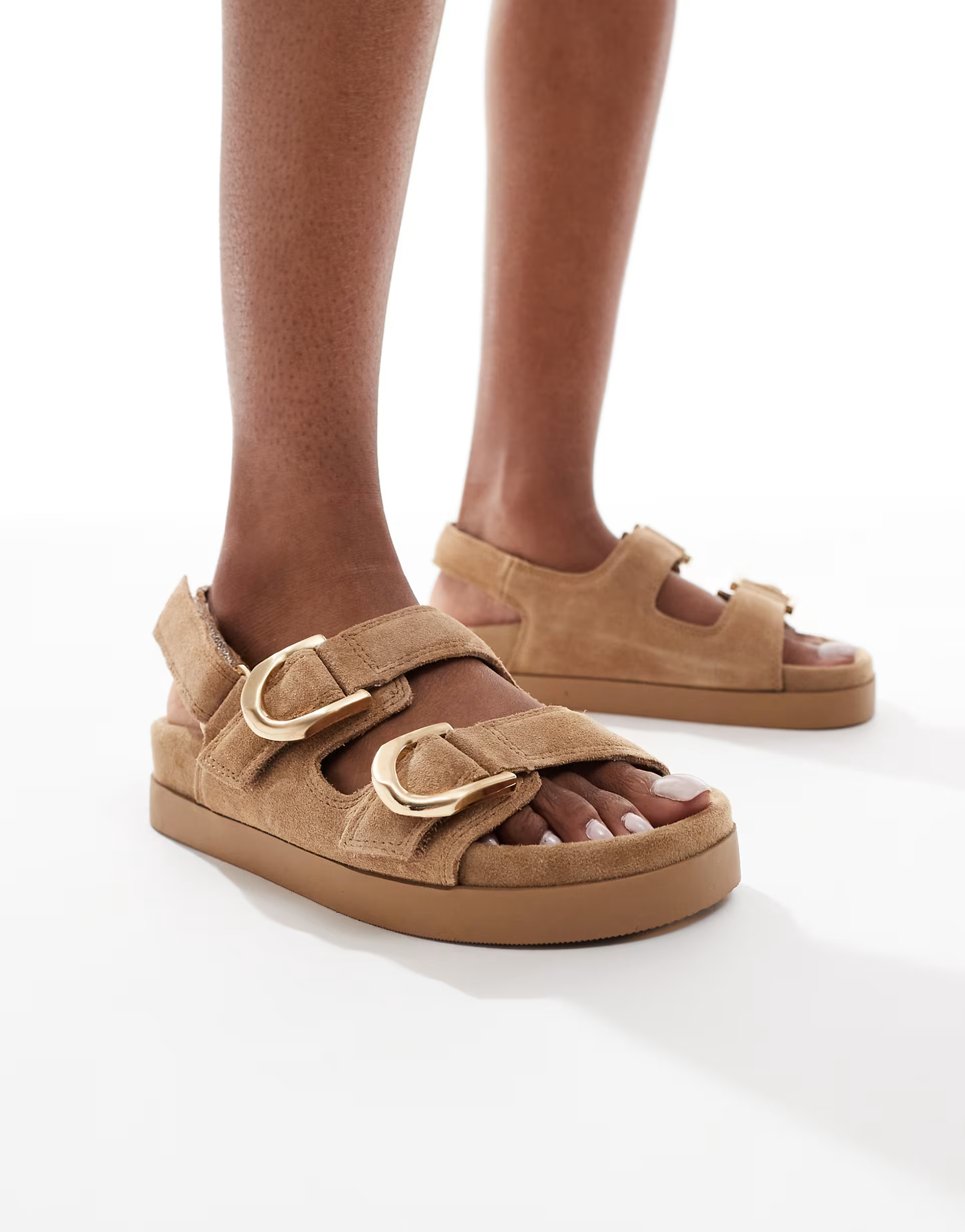 Stradivarius leather flat sandals with buckles in beige | ASOS | ASOS (Global)