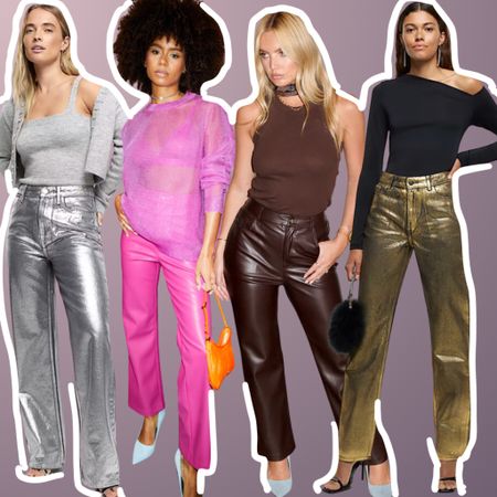 Getting ready to shine wearing Coated Jeans, faux leather pants and Vegan leather trousers. 
Take these Fab Four ! Metallic silver, Gold , Wine & Fuchsia pink 
#coatedjeans #partyjeans silver pants 
Gold pants 

#LTKHoliday #LTKeurope #LTKparties