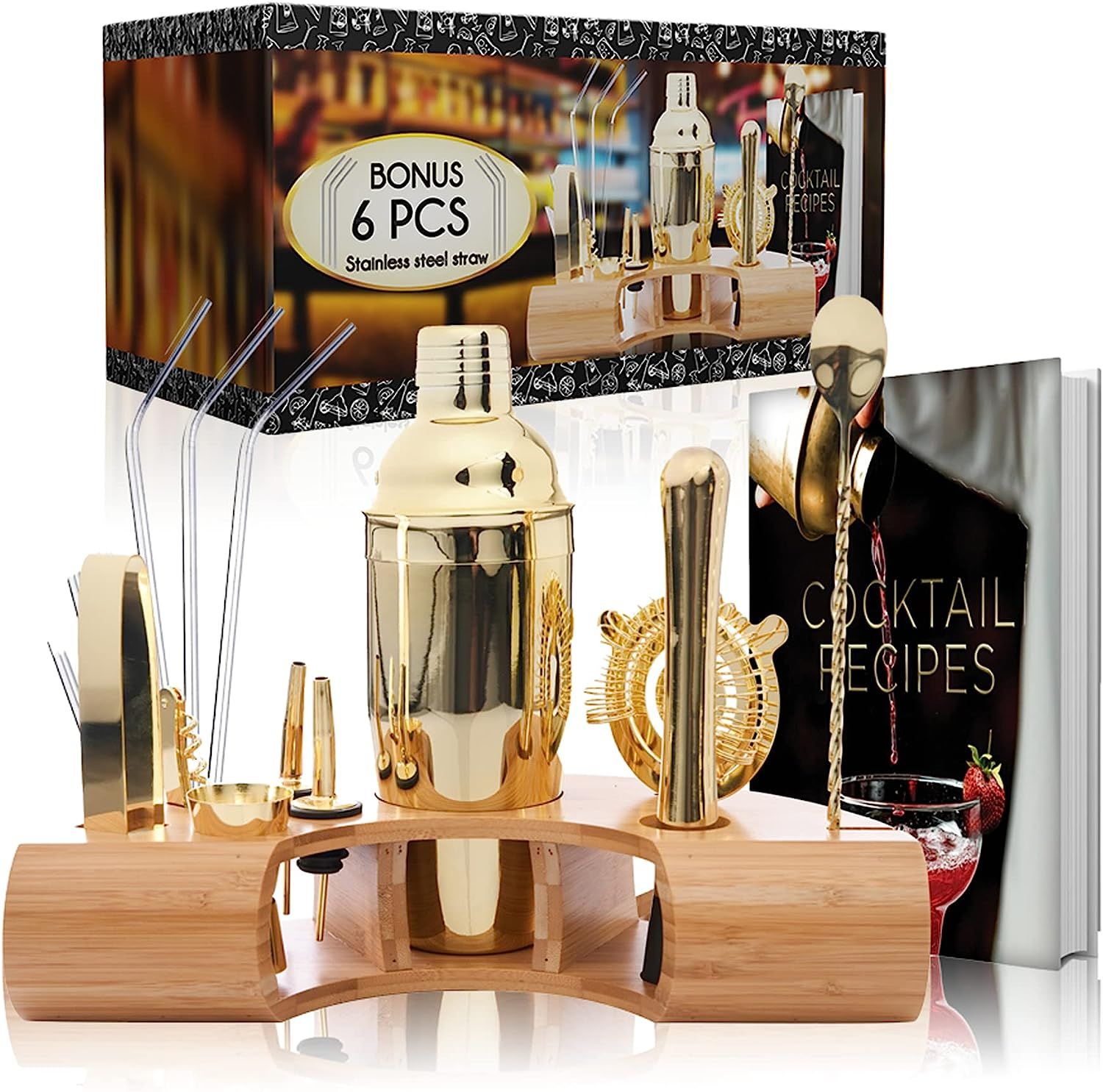 Gold Bartender Kit Plus Receive 6 Stainless Steel Straws and Recipe Book by Omishome | Drink Shak... | Amazon (US)