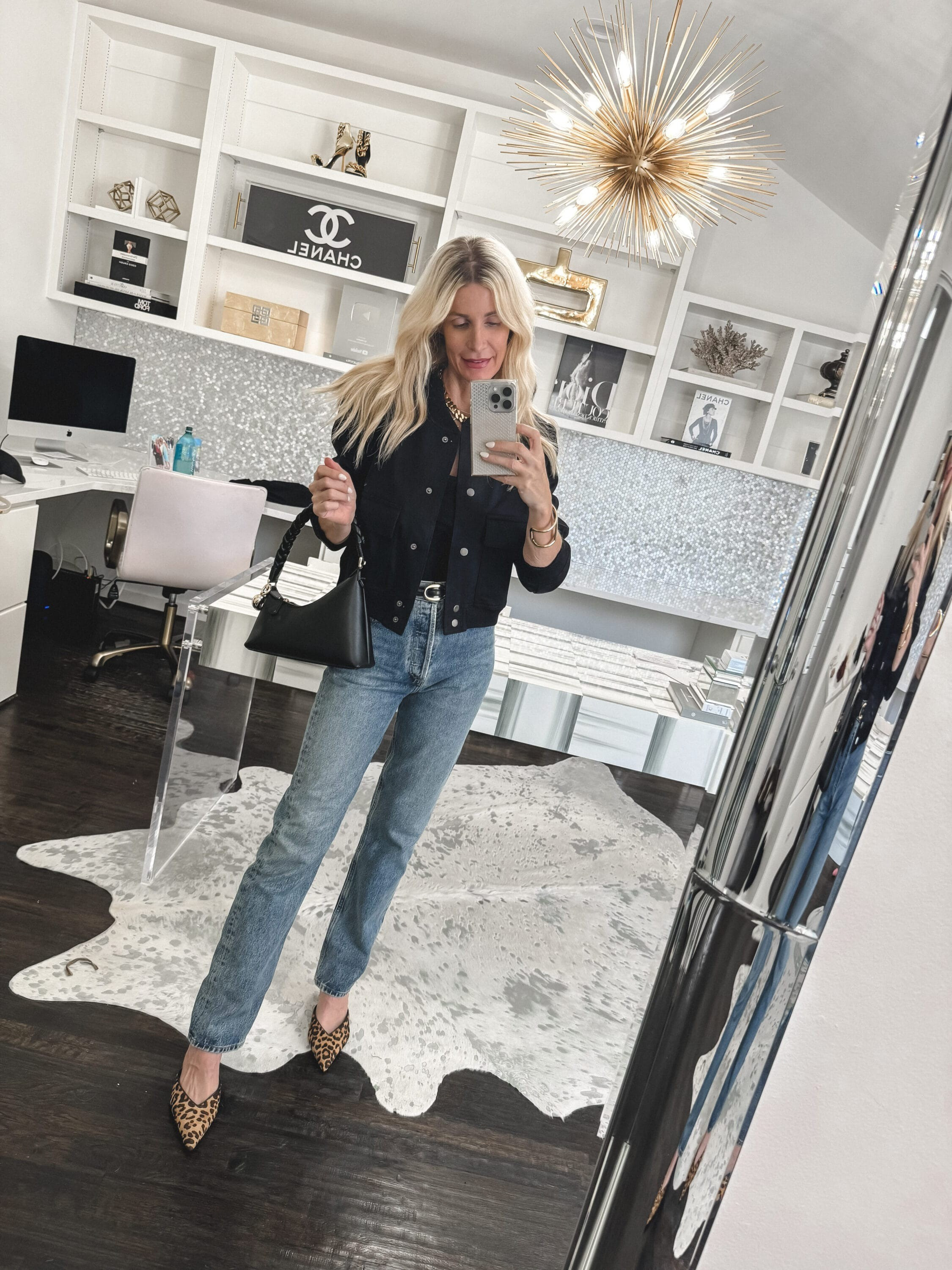 Loving this twill bomber jacket with the perfect amount of stretch paired with my favorite Agolde jeans of the moment 🖤 I'm wearing an XS in the jacket and size 24 in the jeans.

#LTKShoeCrush #LTKStyleTip #LTKFindsUnder100