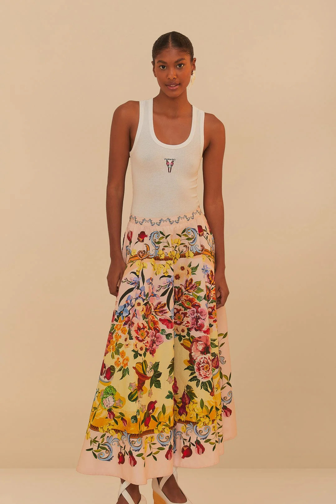 Pink Garden Terrace Organic Cotton Midi Skirt | FarmRio (US)