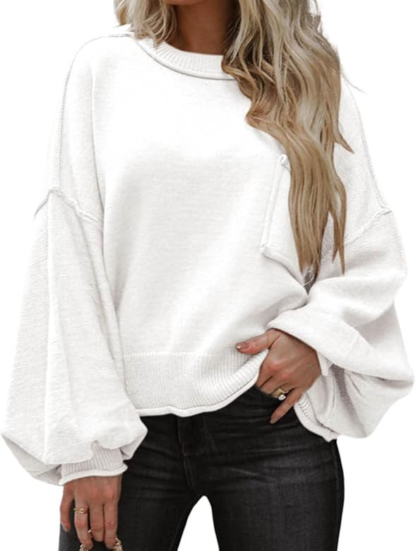 Dokotoo Women's Lantern Sweater 2023 Fall Winter Long Sleeve Casual Cropped Tops Ribbed Hem Knitw... | Amazon (US)