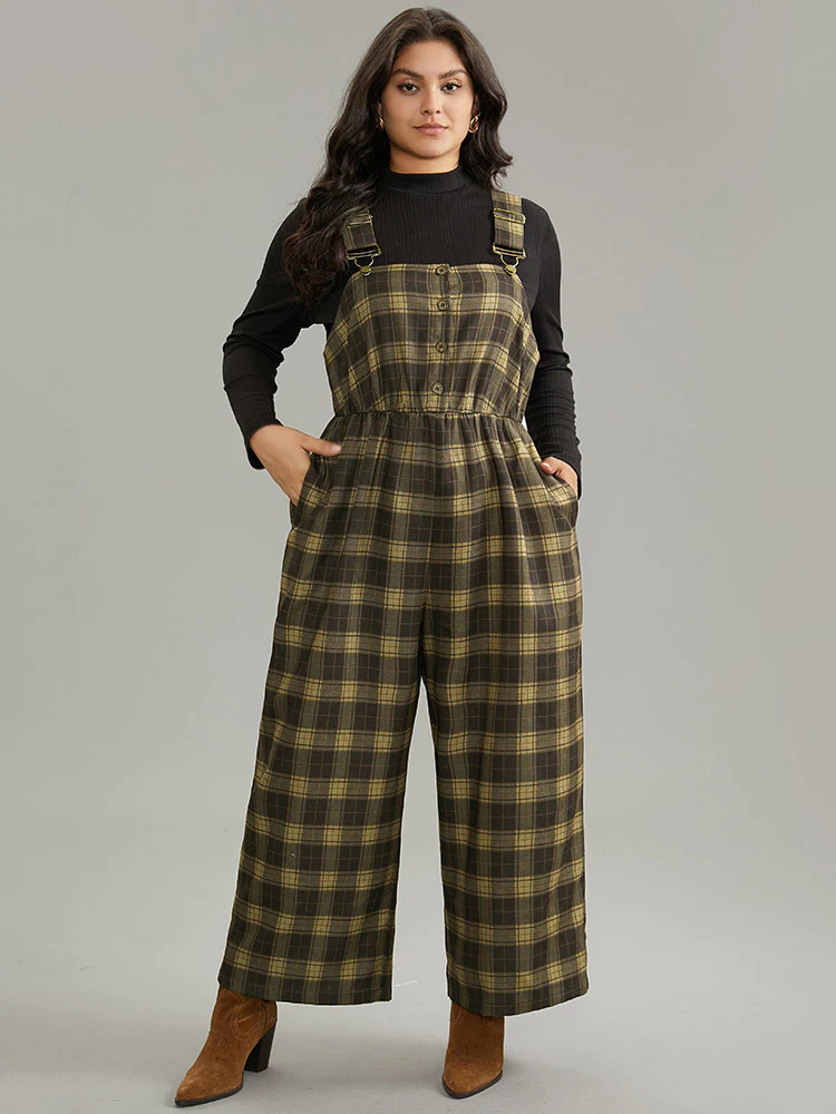Plaid Adjustable Straps Pocket Elastic Waist Jumpsuit | Bloomchic