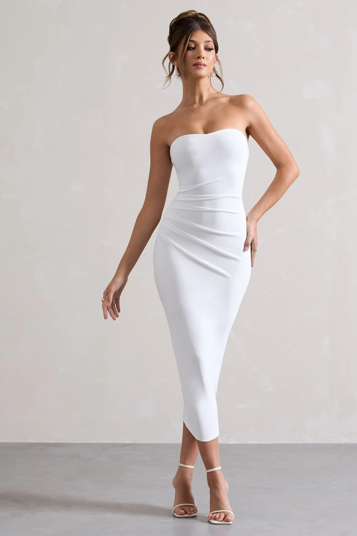 East End | White Strapless Gathered Midi Dress | Club L London