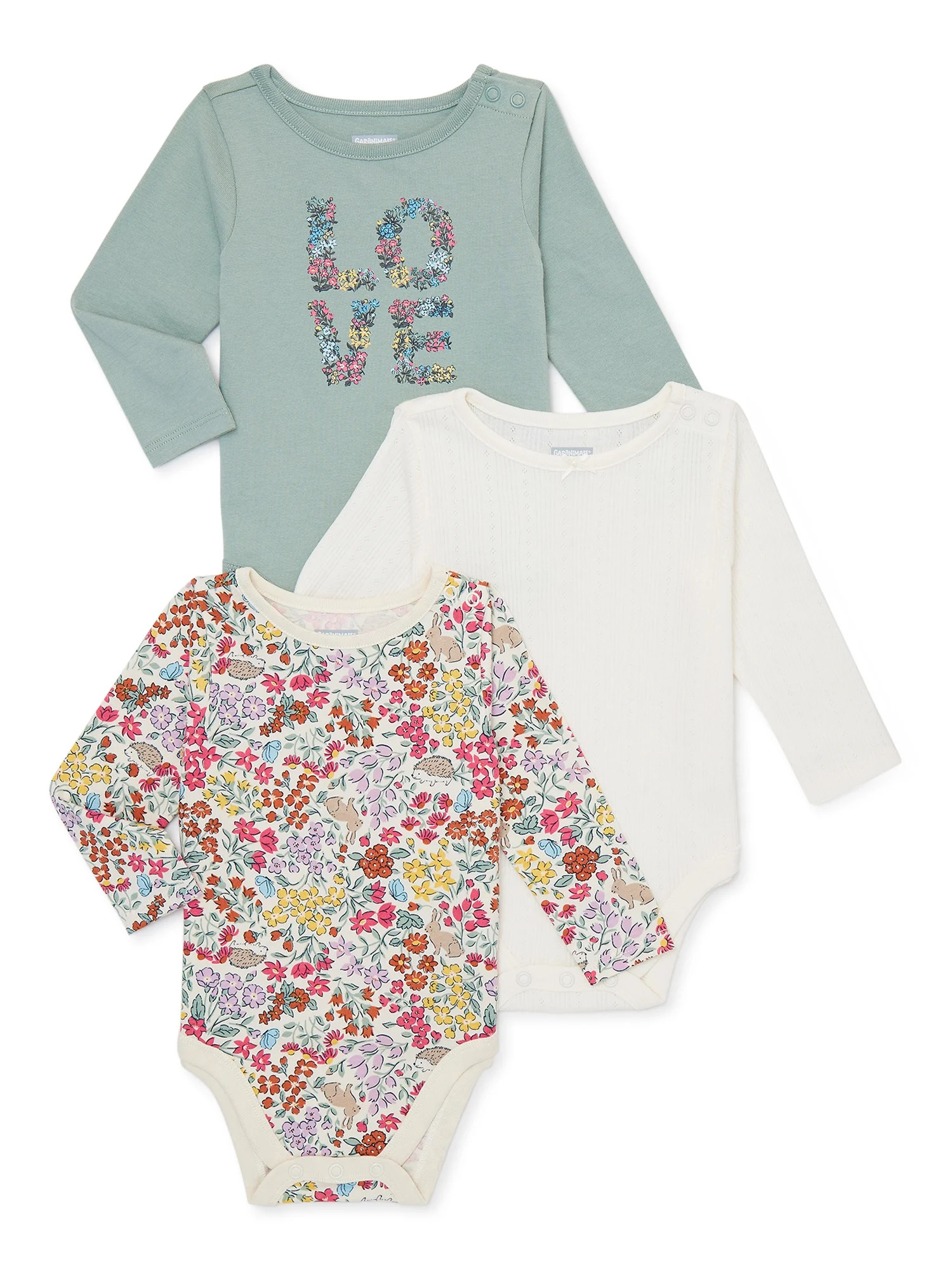 Garanimals Baby Girl Long Sleeve Bodysuits, 3-Pack, Sizes 0/3-24 Months | Walmart (US)