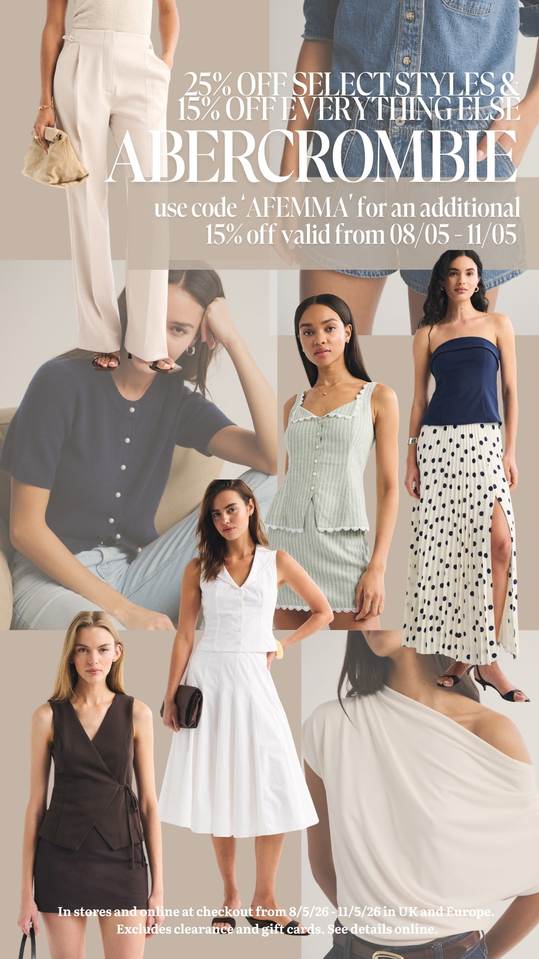 Abercrombie - 25% off selected styles & 15% off everything else 🤍 

Use code ‘AFENMA’ to get an additional 15% off everything in stores and online from 08/05 - 11/05. Excludes clearance and gift cards, see details online.

#LTKspring #LTKunboxing