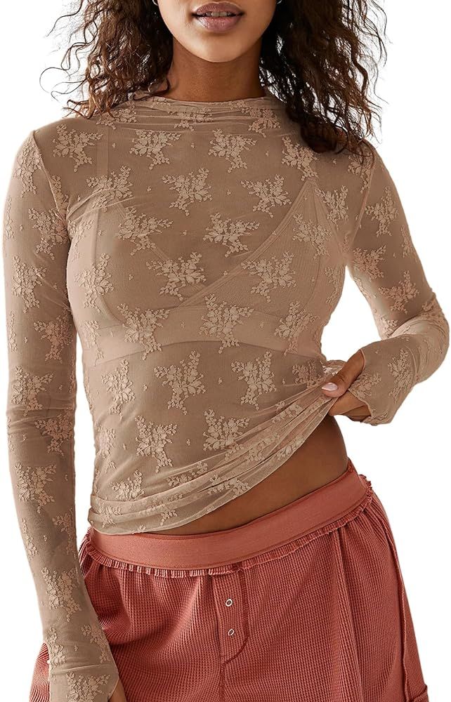 Women's Mesh Tops Sexy Long Sleeve Mock Neck Sheer Blouse Lace Floral See Through Layering Top | Amazon (US)