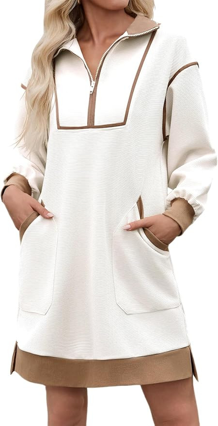 Wenrine Women's Oversized Sweatshirt Dress Half Zip V Neck Long Sleeve Contrast Fall Casual Mini ... | Amazon (US)