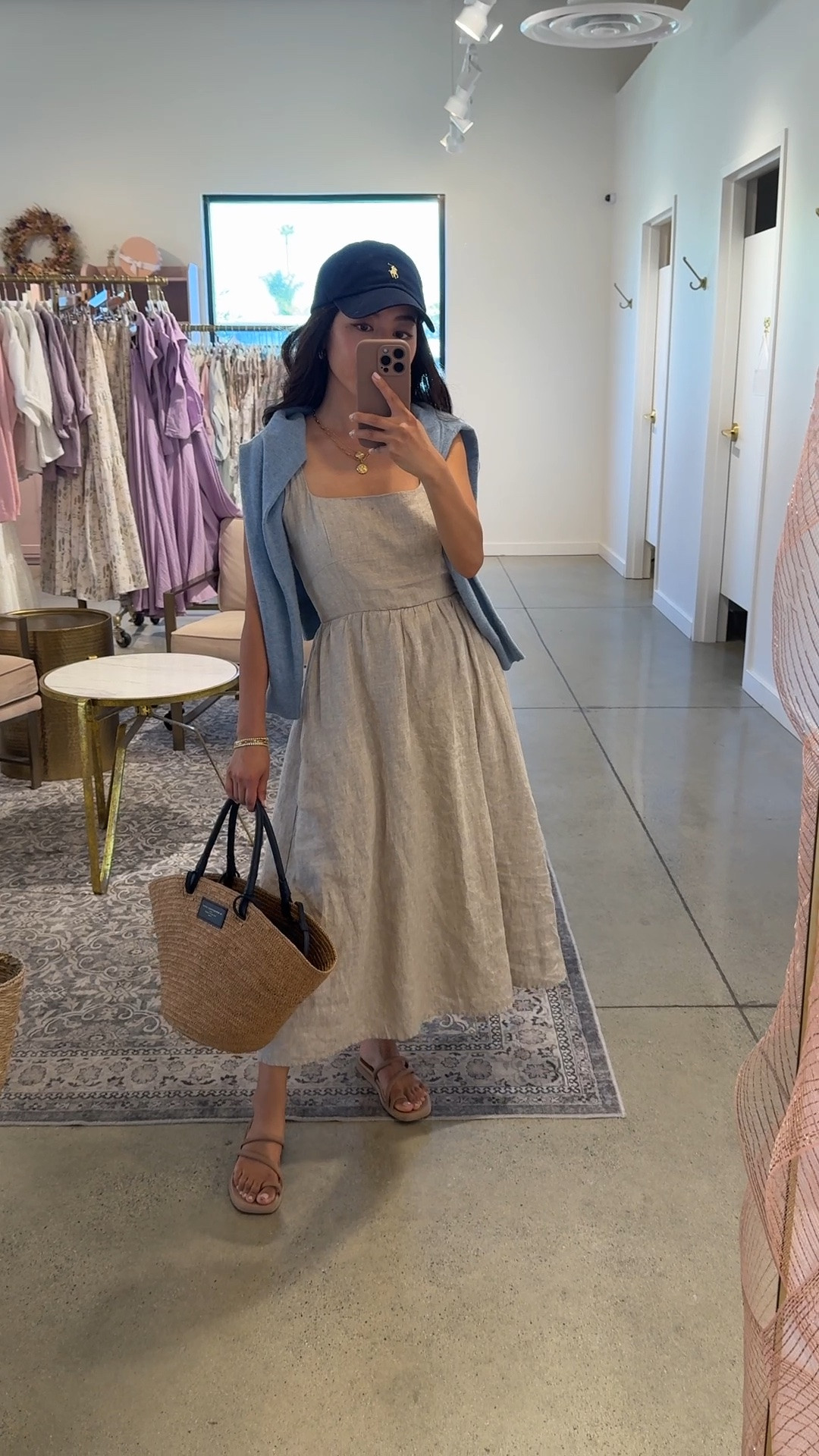 Sizing info below!
• Quince linen dress I’m wearing XS regular in this video, but XS petite is now available. 

I tried on and found the petite to be about 2” shorter in length, slightly shorter and smaller in the torso in comparison to regular. 100% linen. Pockets, adjustable straps, lined in cotton. 
• Quince cashmere sweater xs looser fit
• basket tote
• sandals 5, size down if between sizes

#LTKPetite #LTKootd #LTKSeasonal