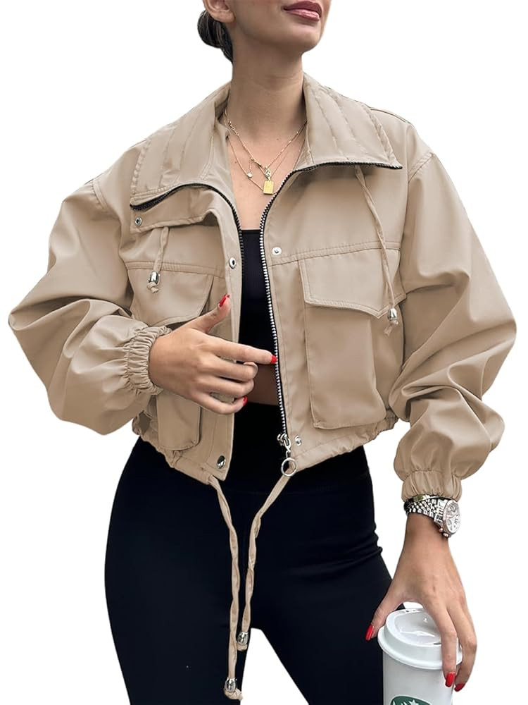 Tankaneo Womens Cropped Jacket Zip Up Lightweight Oversized Utility Anorak Coat with Pockets | Amazon (US)
