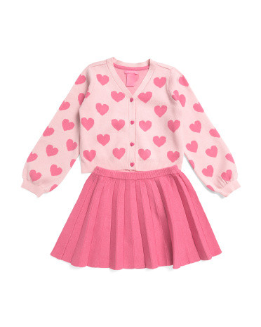 Girls Long Sleeve Heart Cardigan And Skirt Set With Hair Clip | TJ Maxx