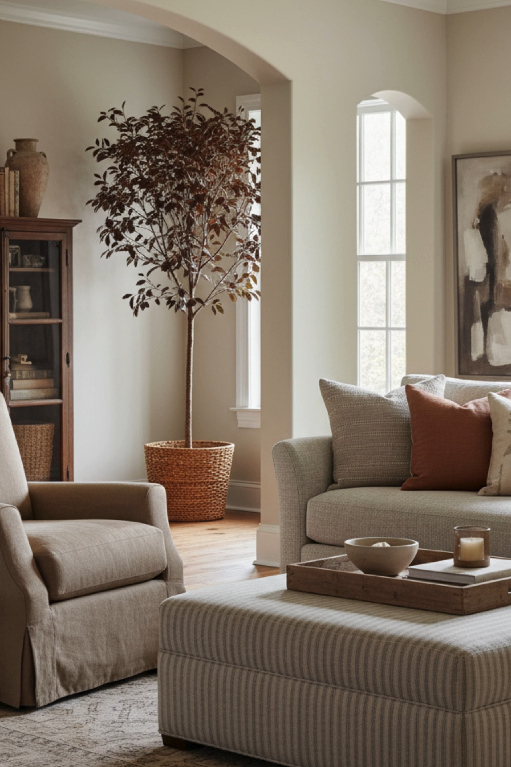 This inviting living room exudes a serene, cozy ambience with its neutral color palette and organic modern styling. The space features a comfortable beige armchair, a plush, striped ottoman, and an elegant sofa adorned with earthy-toned cushions. A tall, leafy plant in a woven basket adds a touch of nature, while soft natural light filters through the stylish arched window. Artful accents, including abstract wall art and textured decor pieces, tie the room together, creating a harmonious blend of comfort and sophistication.

🖤 If you want to see more content like this, FOLLOW maeveandmodern on LTK, Instagram, and Pinterest! Check out our blog where we post daily, maeveandmodern.com!

Neutral living room | Organic modern decor | Cozy home styling | Arched window design | Earth tones | Minimalist interior | Elegant furniture | Indoor plants | Light-filled space | Texture-rich decor | Serene ambiance | Home inspiration | Modern farmhouse vibes | Comfortable seating | Plush ottoman | Abstract wall art | Woven basket decor | Stylish home | Beige palette | Leafy indoor plant |   

 

#LTKHome #LTKSaleAlert #LTKFindsUnder100 #LTKSeasonal #LTKHome #LTKSaleAlert