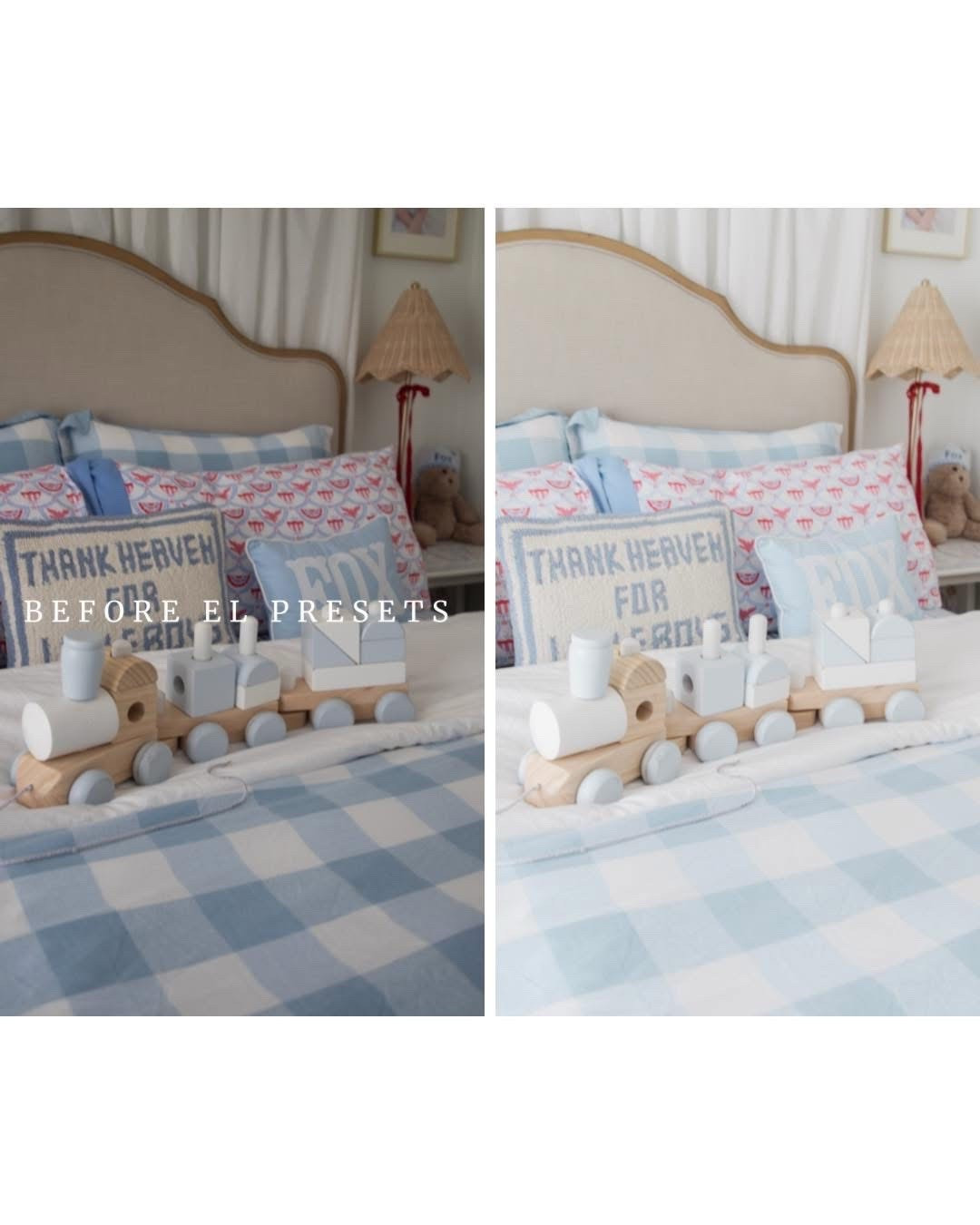 Someone asked on one of my posts where this train came from but now I can’t find it! I got this one from Melissa and Doug but they’re sold out (I just emailed + DMd them to ask if they’re planning on relaunching these). Check facebook marketplace!! I found this similar and sweet one on Etsy. You can customize it with your child’s name, plus I love that it’s supporting a small artist/business!

I’ve linked my presets as well!