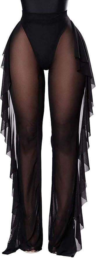 Willow Dance Women's Perspective Sheer Mesh Ruffle Pants Swimsuit Bikini Bottom Cover up Pants | Amazon (US)