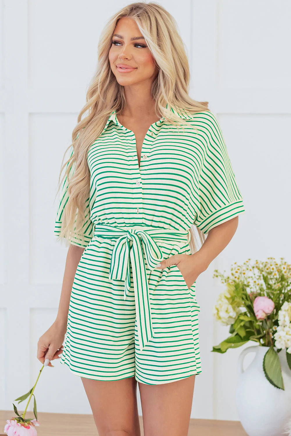 Annabelle Stripe Buttoned & Tie Romper Green Stripe / S - 4/6 / 95%Polyester+5%Elastane | Casual Chic Boutique