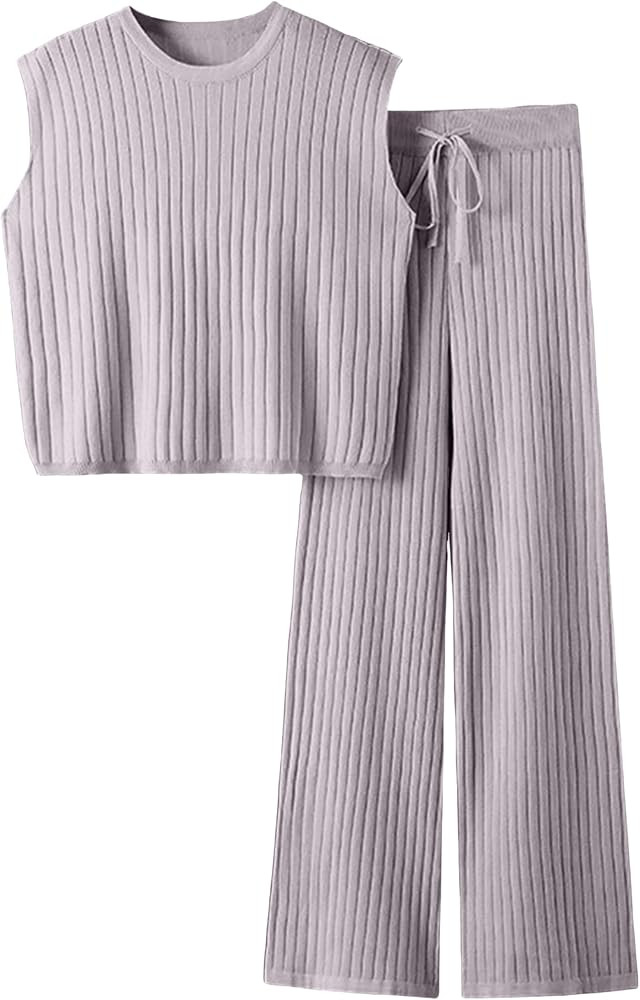 2 Piece Outfits Sweater Sets Knit Sleeveless Pullover Top High Waisted Pants Tracksuits for Women | Amazon (US)