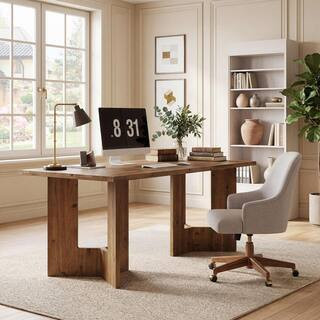 Moronia 63 in. Farmhouse Rectangle Brown Solid Wood Executive Desk with Double Pedestal, Office Desk Office Workstaticon | The Home Depot
