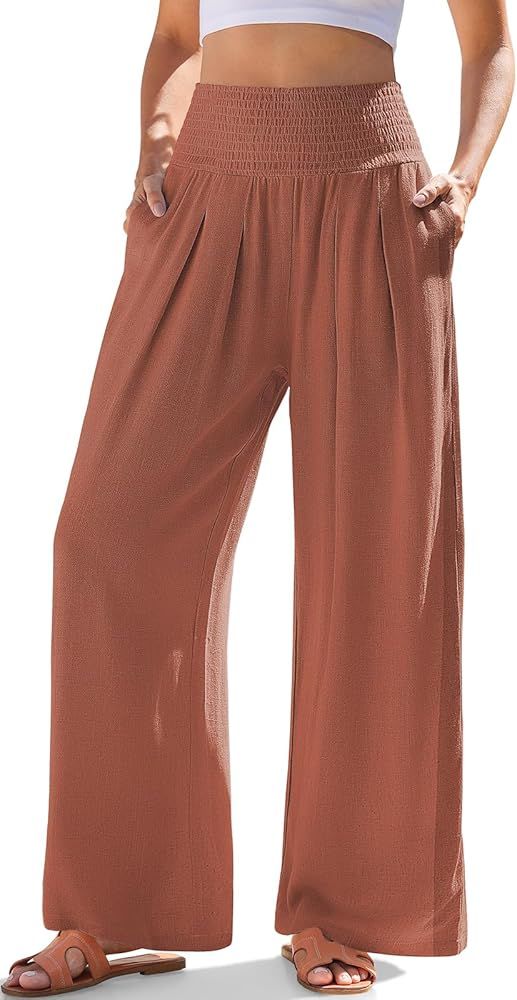 TARSE Womens Linen Palazzo Pants Boho High Waisted Wide Leg Casual Lounge Pant Trousers with Pock... | Amazon (US)