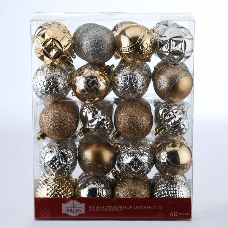 40-Count 60mm Christmas Shatterproof Ornaments, Silver & Gold, Holiday Time | Walmart (US)