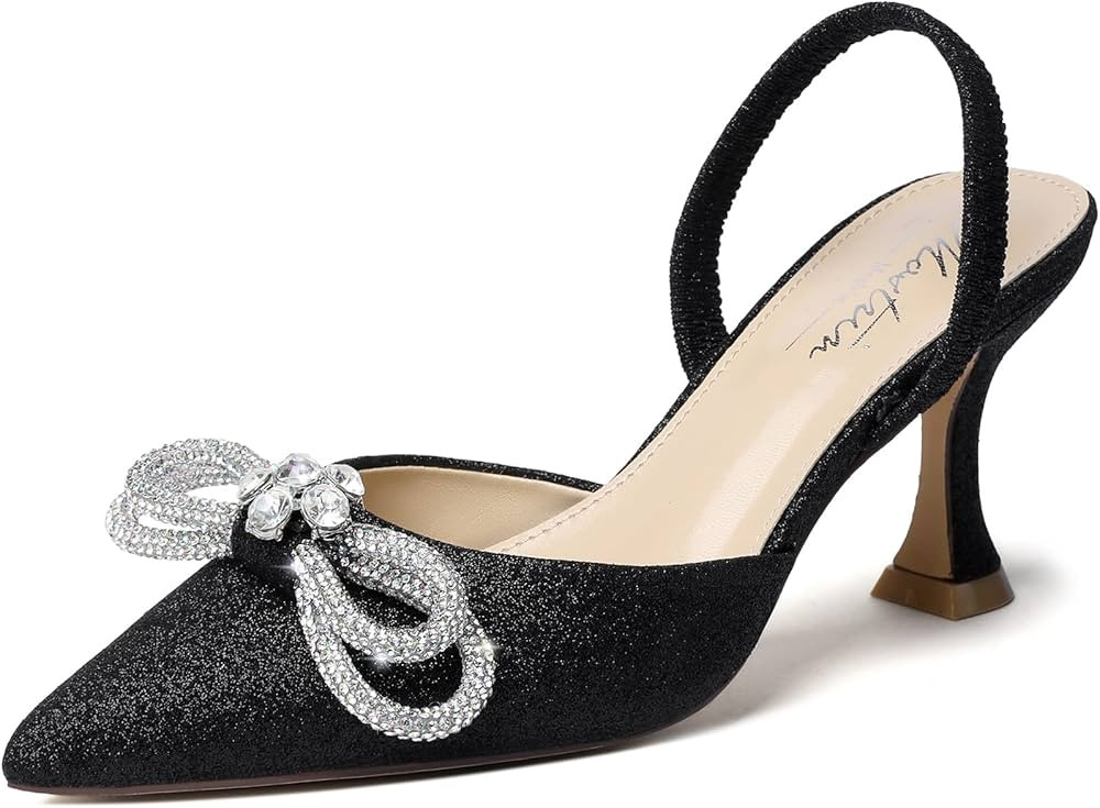 Mostrin Women's Rhinestone Ankle Strap Pumps Satin Pointed Toe Stilettos Backless Kitten Heels Weddi | Amazon (US)