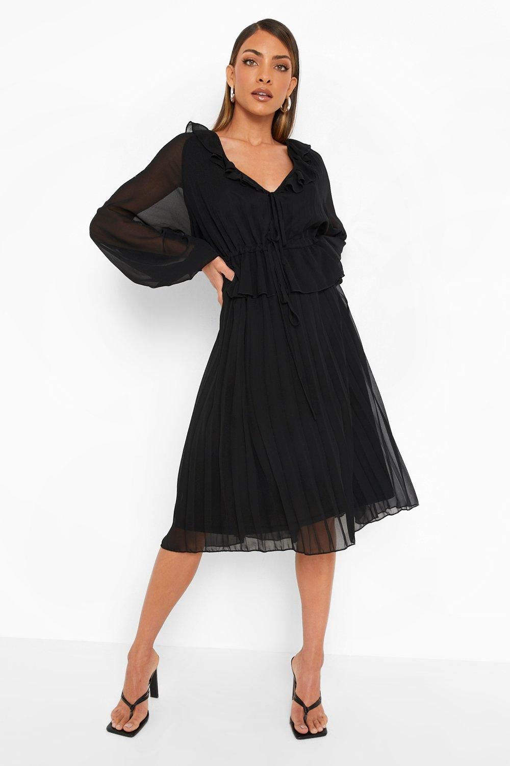 Womens Pleated Long Sleeve Ruffle Midi Smock Dress - Black - 8 | Boohoo.com (US & CA)
