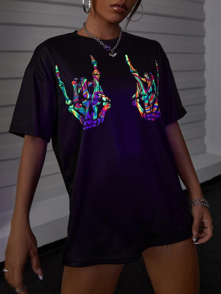 Reflective Skeleton Hand Print Drop Shoulder Tee | SHEIN
