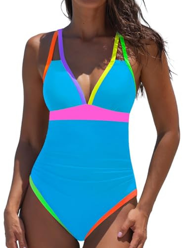 popvil Women's One Piece Swimsuit 2026 Tummy Control Bathing Suit Neon Color Block Swimsuits Deep V Neck Double Straps Swimwear, Light Blue,Medium | Amazon (US)