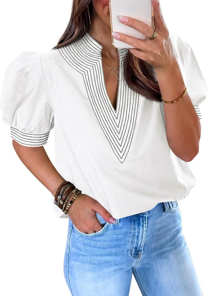 Cicy Bell Womens Puff Short Sleeve Blouses Summer Casual Dressy V Neck Contrast Stitch Tops Loose... | Amazon (US)