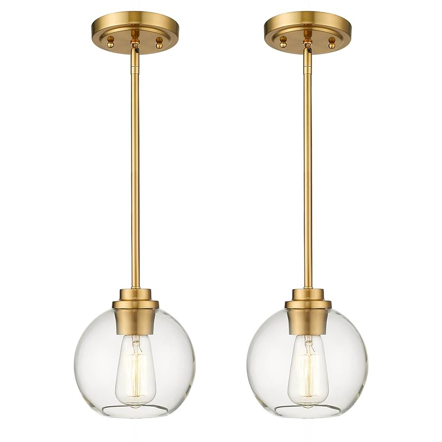 Brass Pendant Lights Kitchen Island 2 Pack, Farmhouse Gold Pendant Light with Clear Glass Globe S... | Amazon (US)
