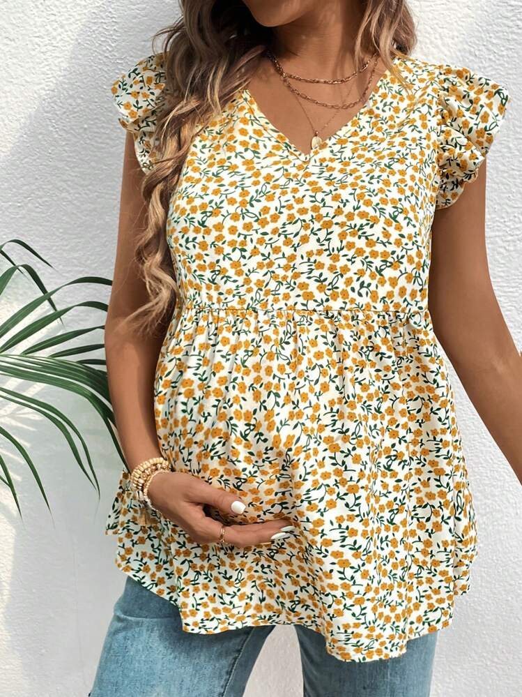 SHEIN Maternity Ditsy Floral Print Cap Sleeve Blouse For Summer, Music Festival | SHEIN