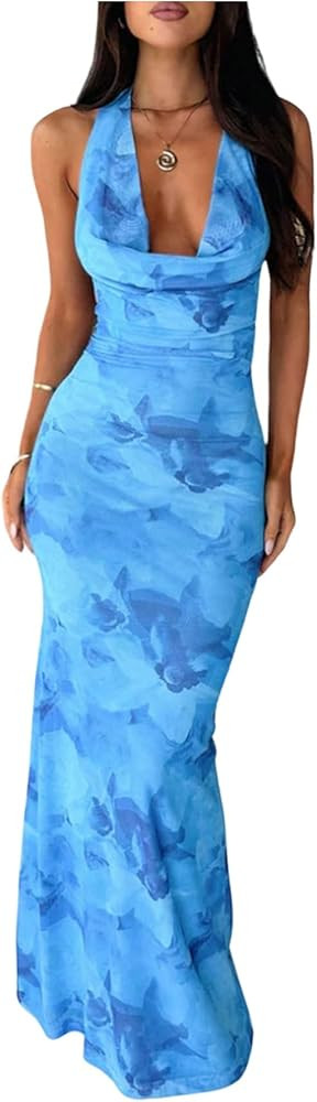 GORGLITTER Women's Mesh Sheer Halter Maxi Dress Floral Birthday Wedding Guest Dress Drape Neck Ba... | Amazon (US)