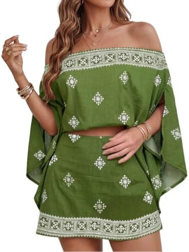 CHICME Women's 3 Piece Summer Outfits Off Shoulder Batwing Sleeve Tops with Bandeau and Skorts Se... | Amazon (US)