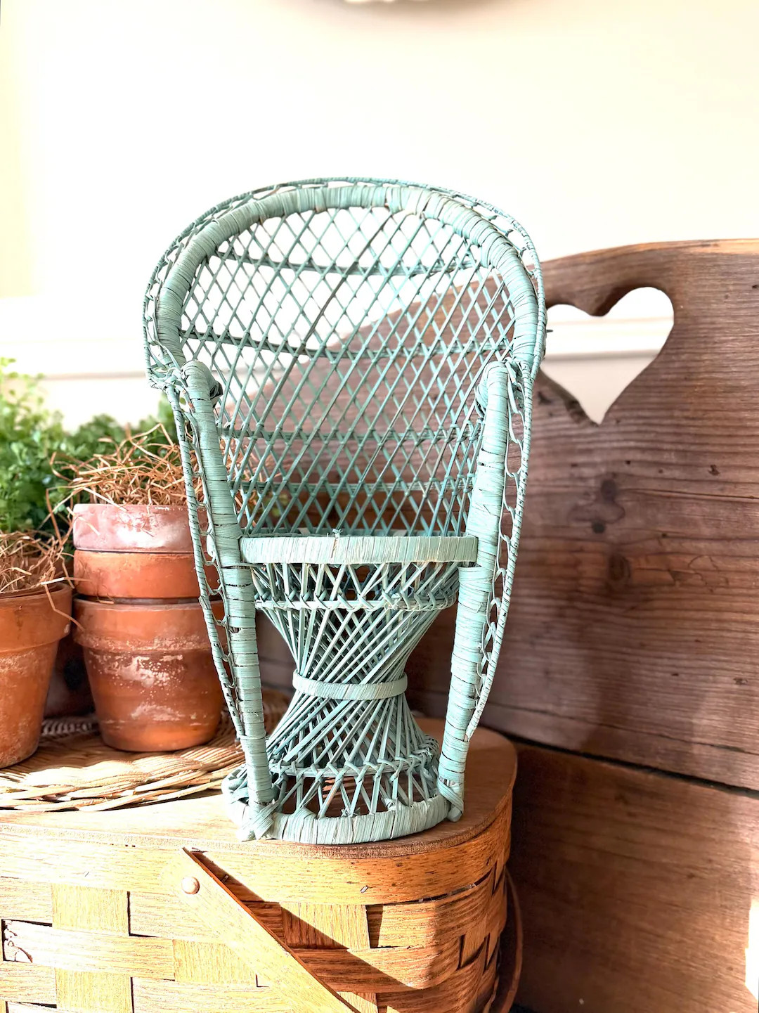 Vintage Turquoise Wicker Rattan Peacock Doll Chair, Plant Stand | Etsy (US)