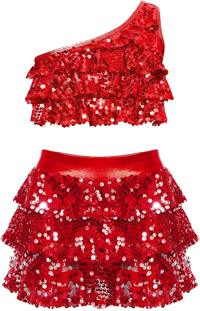 Kids Girls 2 Piece Dance Outfits Set Sequins One Shoulder Crop Top with Skirt Jazz Latin Ballroom... | Amazon (US)