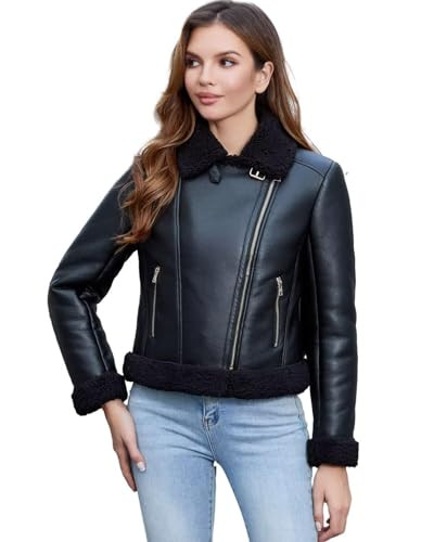 DIASHINY Women's Faux Shearing Fur Lined Coat Cropped Faux Leather Moto Sherpa Jacket Black XL | Amazon (US)