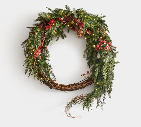 Faux Lit Red Berry Avant-Garde Wreath &amp; Garland | Pottery Barn CA