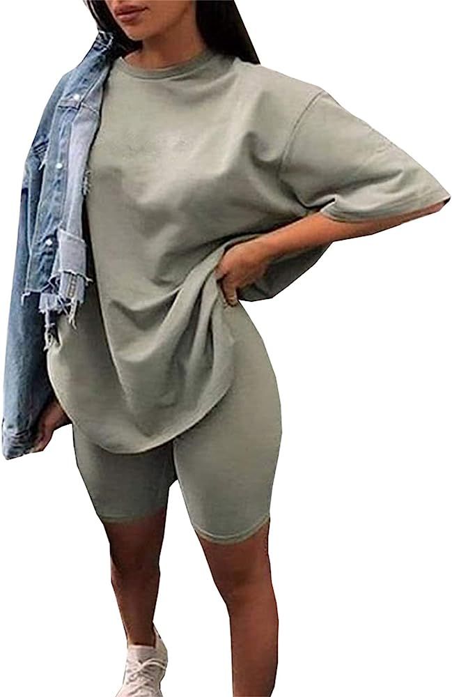 Amazon.com: Glamaker Women 2 Piece Outfit sets Casual Oversized T-Shirt Tops Biker Shorts Workout... | Amazon (US)