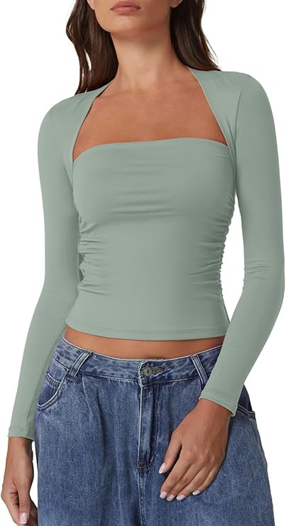 QINSEN Long Sleeve Square Neck Tops for Women Double Lined Side Ruching Going Out Shirts Basic Te... | Amazon (US)