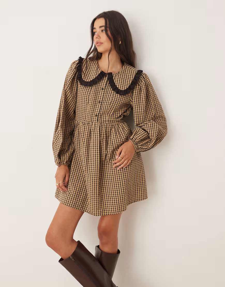 Miss Selfridge long sleeve collared tea dress in check-Multi | ASOS (Global)