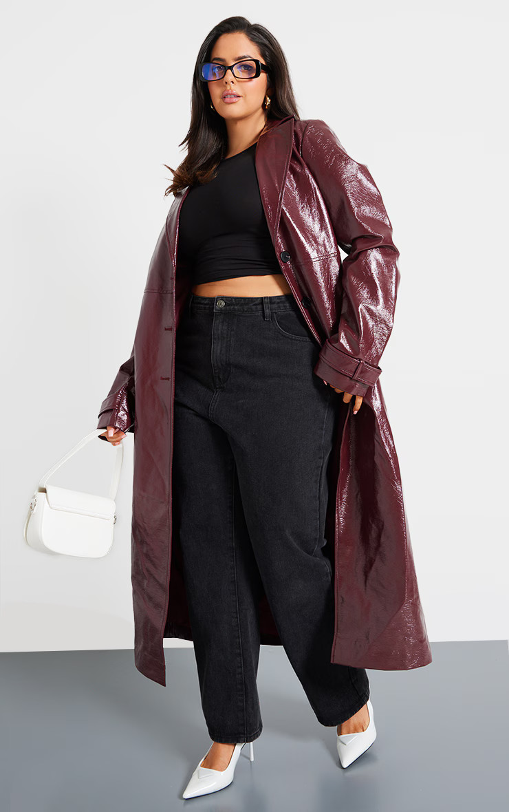 Plus Wine High Shine Textured PU Maxi Coat | Plus Size | PrettyLittleThing US