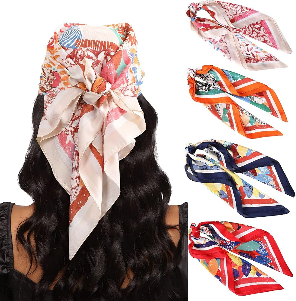 AWAYTR 27.5” Silk Satin Square Head Scarf - 4PCS Satin Head Scarves for Women Hair Kerchief Ban... | Amazon (US)