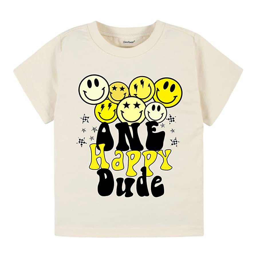 One happy dude birthday shirt boy 1st birthday outfit cool graphic tee beige color birthday shirt sm | Amazon (US)