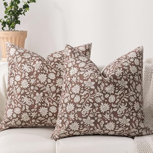 DWR Floral Throw Pillow Covers 18x18 Set of 2, Block Print Decorative Pillow Covers in Rusty Brow... | Amazon (US)