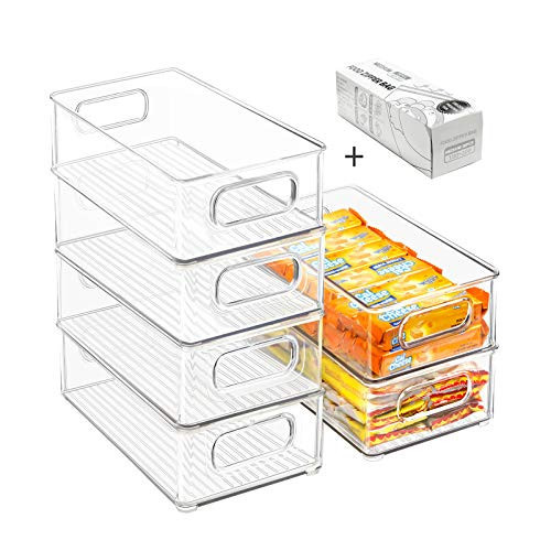 Stackable Refrigerator Organizer Bins, 6 Pack Clear Kitchen Organizer Container Bins with Handles and 20 PCS Plastic Bags for Pantry, Cabinets, Shelves, Drawer, Freezer - Food Safe, BPA Free 10"L | Amazon (US)