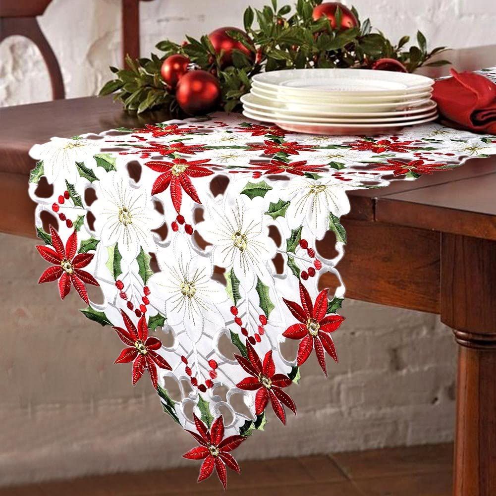 Christmas Poinsettia Embroidered Table Runner- Christmas Cutwork Poinsettia Holly Leaf Table Line... | Walmart (US)