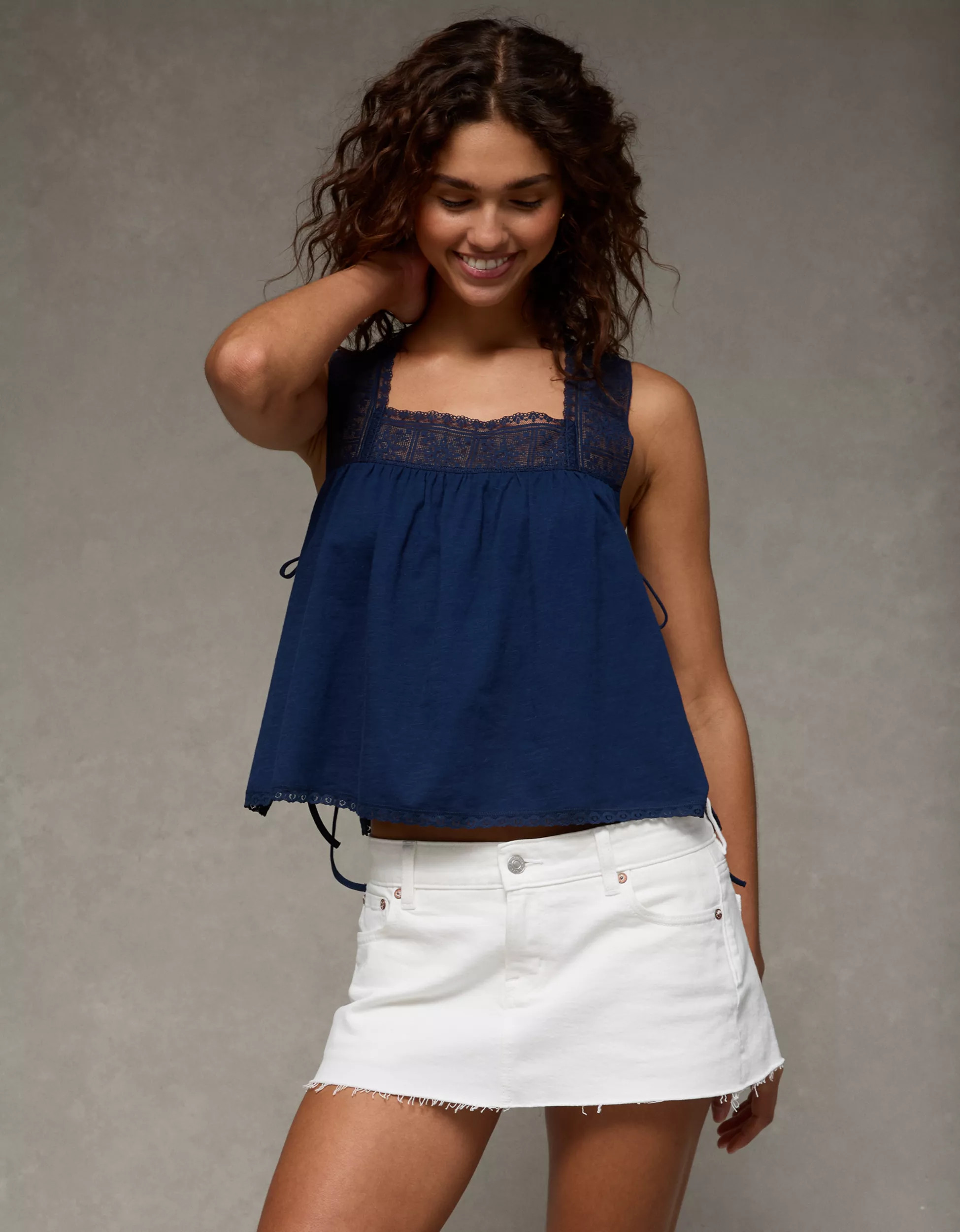 AE Sunchaser Square Neck Lace Tank Top | American Eagle Outfitters (US & CA)