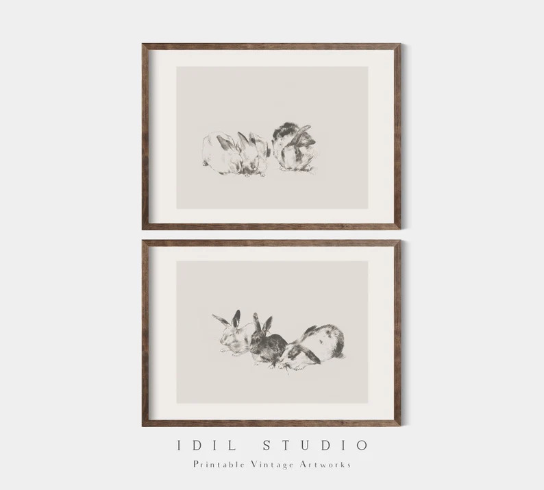 Antique Rabbit Sketch Set of 2 Vintage Easter Bunny Drawing Rustic Neutral Animal Wall Art PRINTA... | Etsy (US)